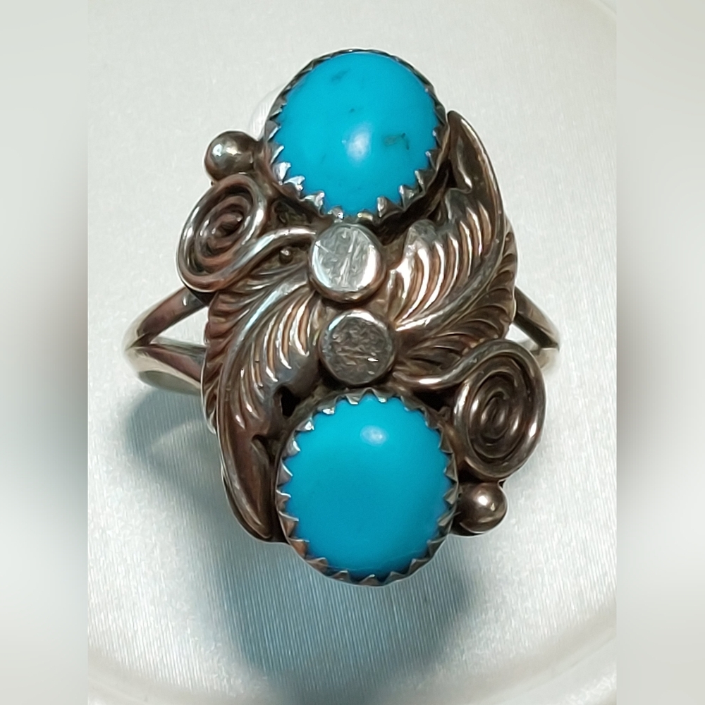 Native American Sterling Silver Turquoise Ring Signed M Size 8 - Picture 2 of 11
